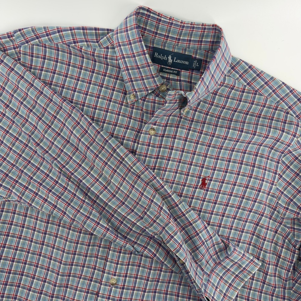 Ralph Lauren Classic Fit Plaid Button Down Shirt‎ Mens Large Blue Red L
